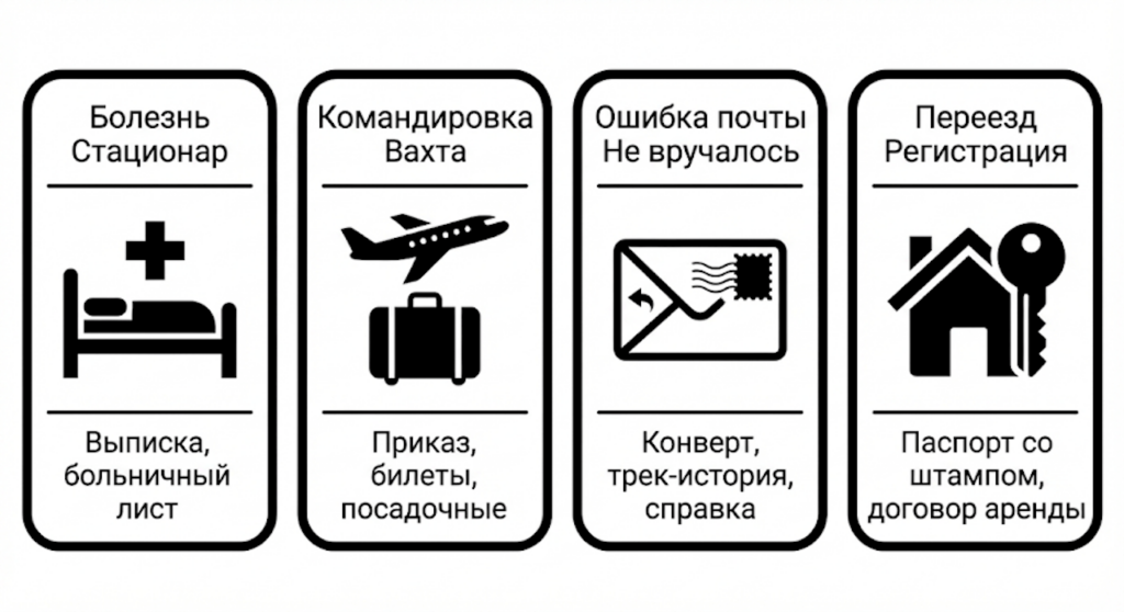 Уважительные причины для восстановления срока и перечень доказательств для каждой причины