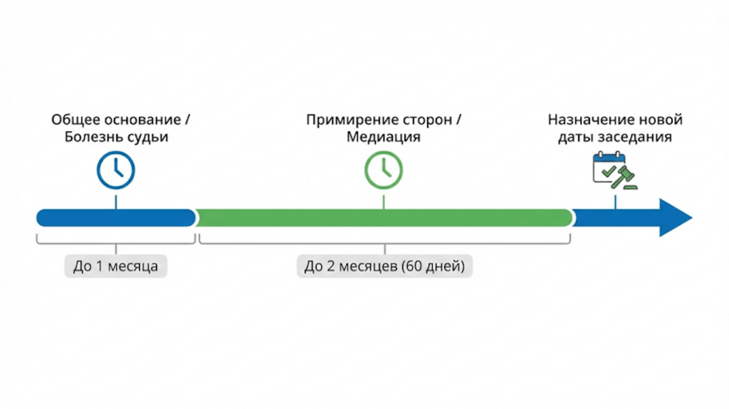 Лента времени с маркерами: «Назначение новой даты», «Примирение до 60 дней», «Замена состава суда»