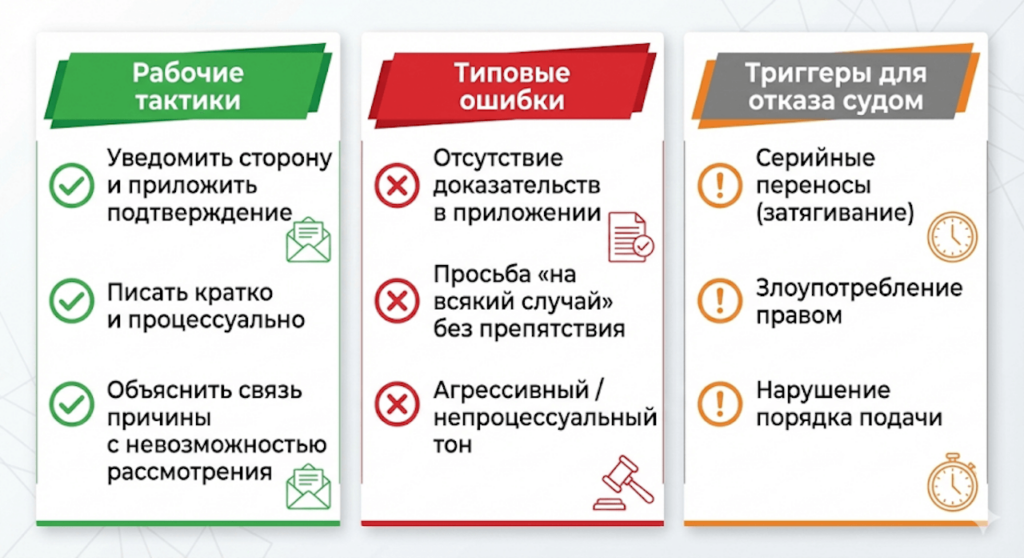 Инфографика тактик и ошибок при ходатайстве об отложении