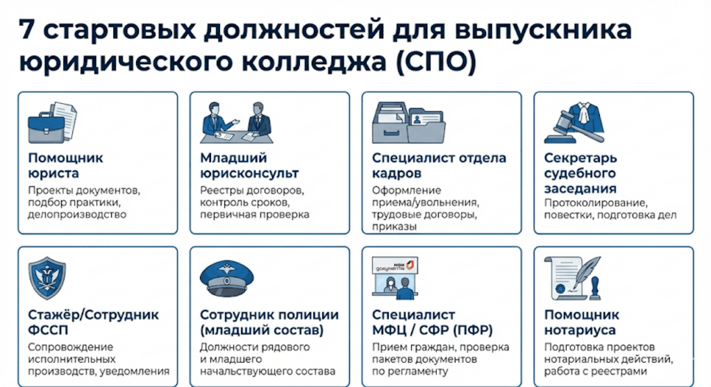 7 стартовых должностей для выпускника СПО" с иконками и краткими обязанностями