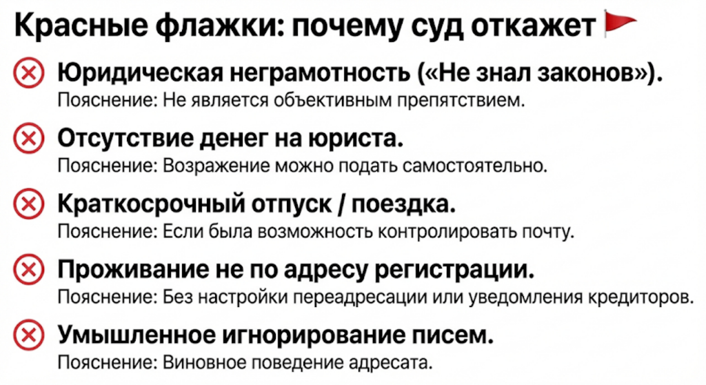 Список «красных флажков» с кратким пояснением, почему суд обычно отказывает