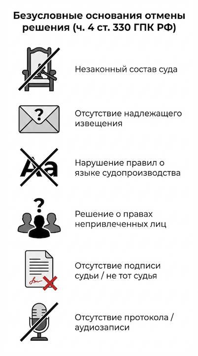 Список безусловных оснований для отмены решения суда