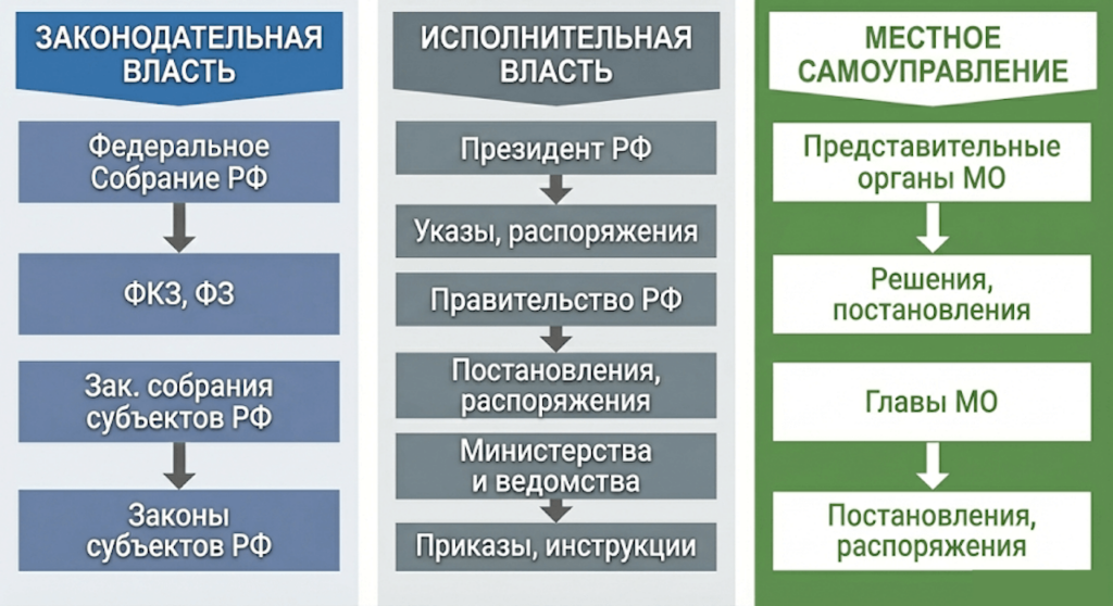 Связь органов государственной власти и видов принимаемых нормативных актов